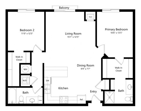 a 2D floorplan of the 2-bedroom Hamilton at The Conrad in Omaha, NE 68105